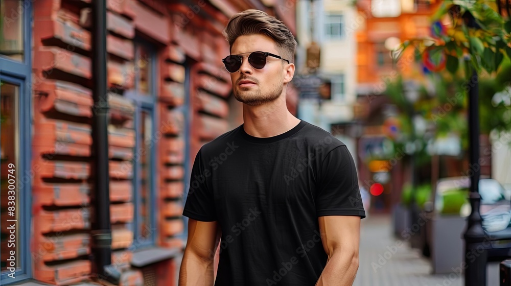 stylish young man modeling black tshirt mockup on vibrant city street trendy apparel design stylish young man modeling black tshirt mockup on vibrant city street trendy apparel design