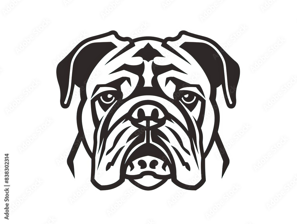 Simple and modern 2d vector graphic design illustration of Bulldog in stencil print style on white background, isolated, black and white