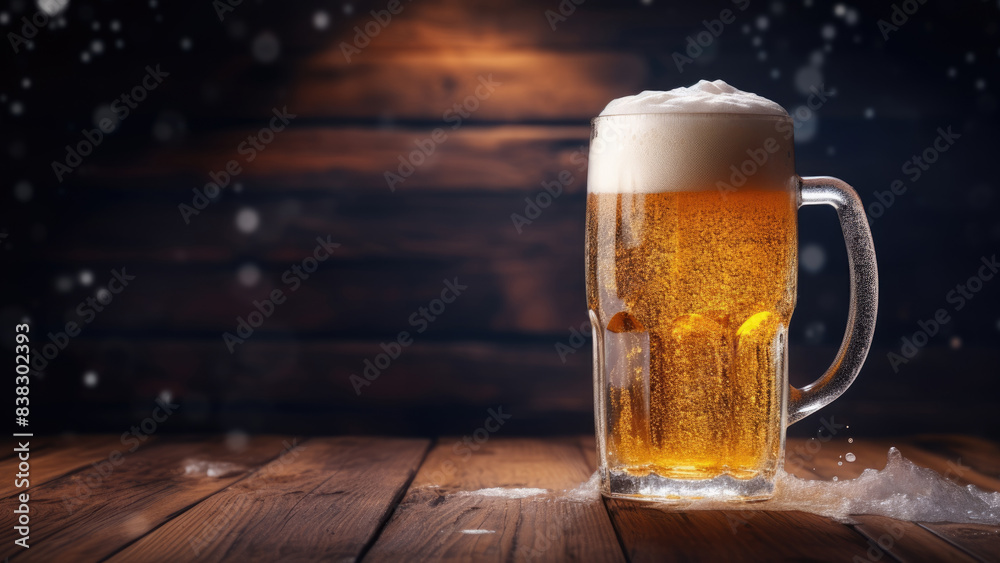 A frosty mug of beer on a wooden table with falling snowflakes, creating a festive and refreshing atmosphere.
A frosty mug of beer on a wooden table with falling snowflakes, creating a festive and refreshing atmosphere.