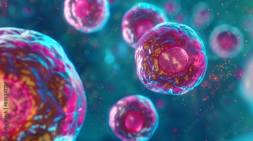 Naklejka premium 3D illustration of a group of pink and blue human cells floating in a blue background.
