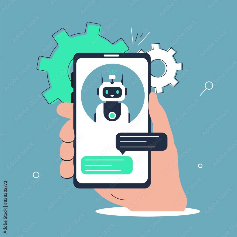 Customers having dialog with chatbot on smartphones. Characters chatting with robot, asking questions and receiving answers. AI chat bot chatting with man provide smart solution idea. Answer questions Customers having dialog with chatbot on smartphones. Characters chatting with robot, asking questions and receiving answers. AI chat bot chatting with man provide smart solution idea. Answer questions