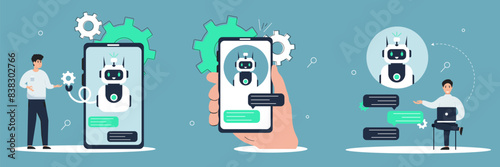 Customers having dialog with chatbot on smartphones. Characters chatting with robot, asking questions and receiving answers. AI chat bot chatting with man provide smart solution idea. Answer questions