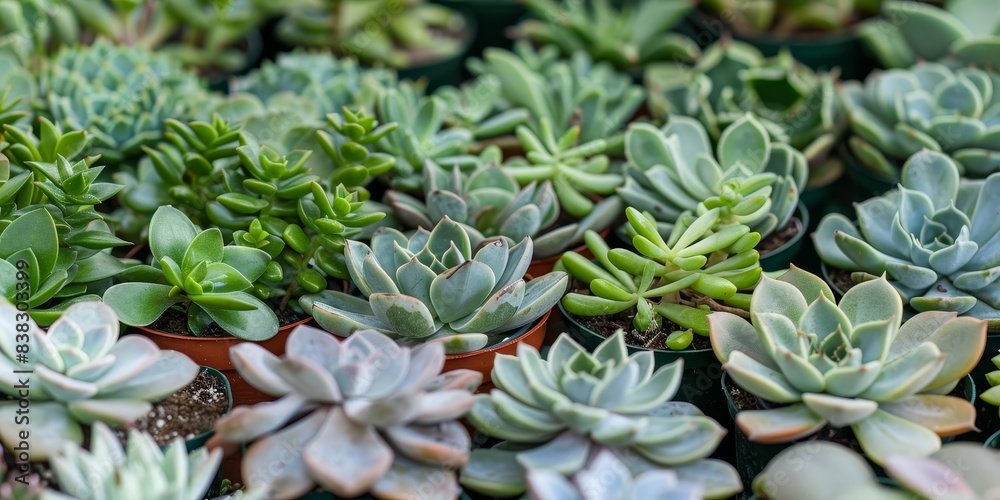 Succulent plants in pots. Echeveria and sedum. Top view. Succulent plants in pots. Echeveria and sedum. Top view.