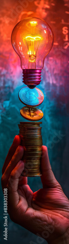 Hand Balancing Stack of Bitcoins with Glowing Light Bulb Against Colorful Background Symbolizing Innovation and Cryptocurrency Investment photo