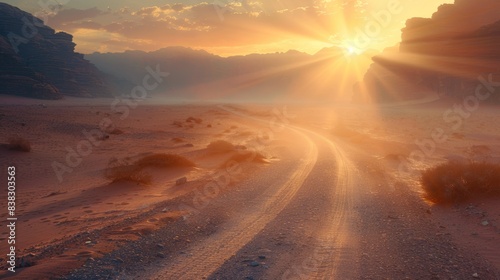A breathtaking sunset casting golden hues over a long, winding desert road surrounded by rugged mountains. © lemoncraft