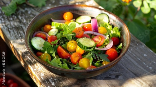 A fresh vegetable salad in a rustic bowl placed outdoors. Contains colorful vegetables like cherry tomatoes, cucumbers, and red onions.