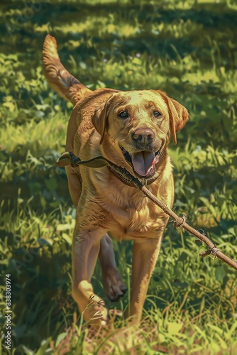 Labrador retrieving a stick in a vibrant park, green grass, bright day, detailed fur and joyful expression, lifelike and energetic, photorealistic quality photo