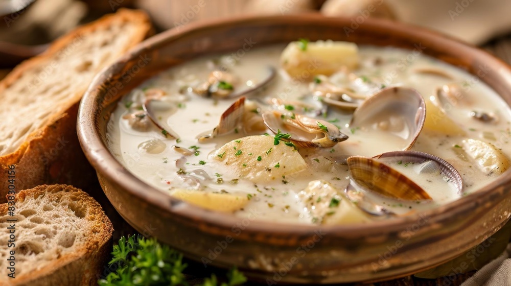 A warm bowl of creamy clam chowder garnished with herbs, served with slices of crusty bread. Perfect for a cozy, comforting meal. A warm bowl of creamy clam chowder garnished with herbs, served with slices of crusty bread. Perfect for a cozy, comforting meal.