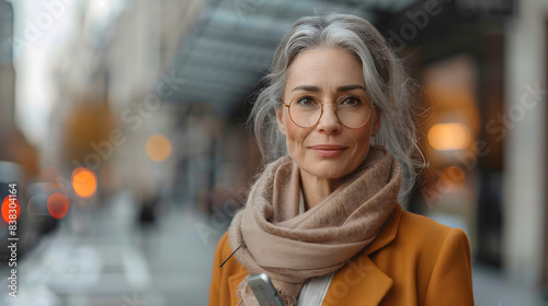 mature businesswoman holding smartphone, waiting for business partner in the city. beautiful older woman with gray hair standing on city street isolated on white background, png