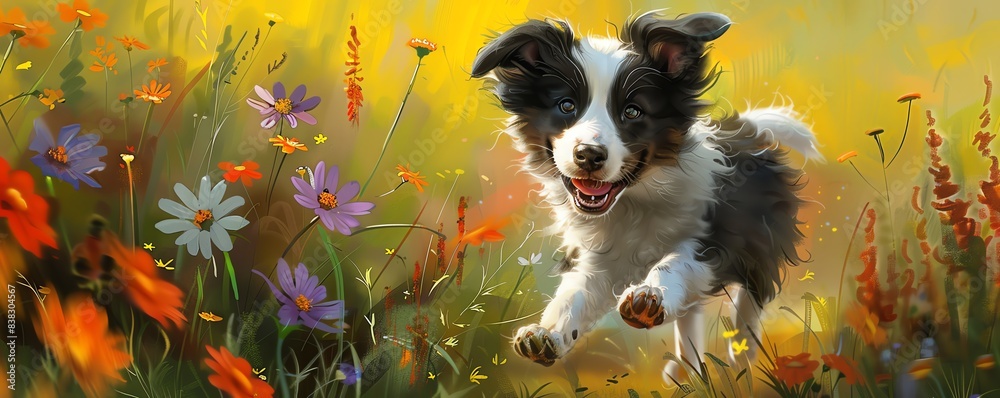 Playful Border Collie puppy running through a vibrant meadow, colorful flowers, sunny day, joyful expression, detailed fur and lively atmosphere, high realism Playful Border Collie puppy running through a vibrant meadow, colorful flowers, sunny day, joyful expression, detailed fur and lively atmosphere, high realism