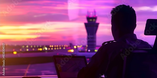 Cargo airport control tower overseeing busy airspace for smooth plane operations. Concept Air Traffic Control, Cargo Operations, Airport Security, Aviation Technology, Flight Management