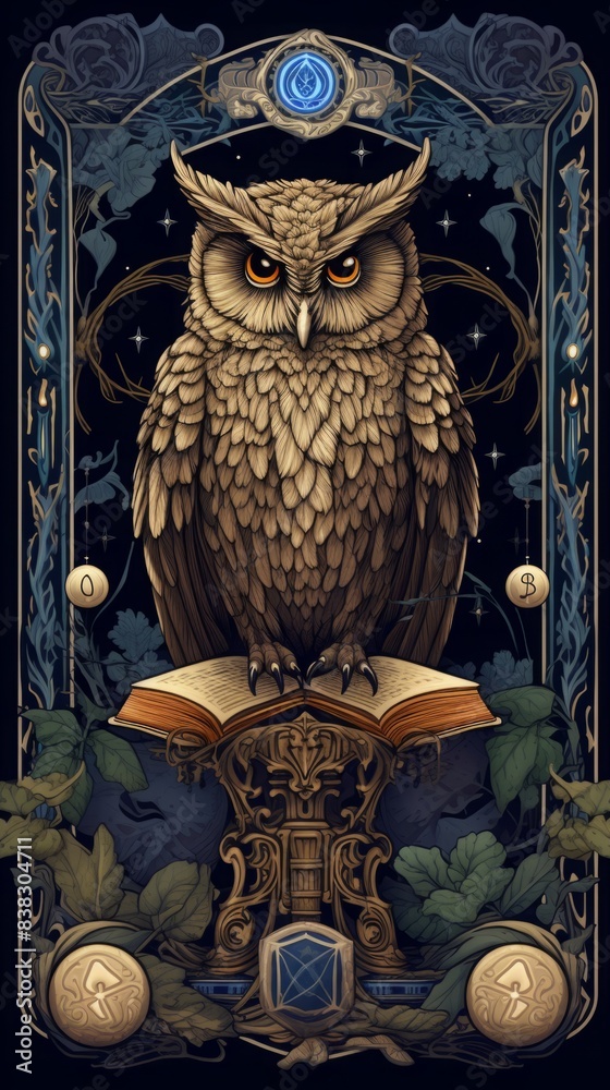 Mystical Owl Tarot Card Illustration with Ancient Scrolls and Symbols