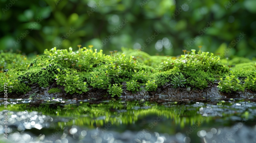 Three-dimensional render illustration of abstract green moss on forest soil in a small room in a lab Three-dimensional render illustration of abstract green moss on forest soil in a small room in a lab