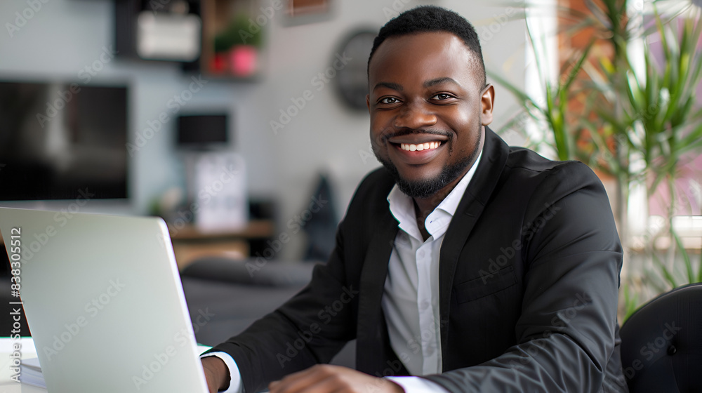 Black, businessman and smile with laptop in portrait for confidence and pride in freelance job. Happy, male person and copywriter with computer for writing blog, articles and email feedback in office Black, businessman and smile with laptop in portrait for confidence and pride in freelance job. Happy, male person and copywriter with computer for writing blog, articles and email feedback in office