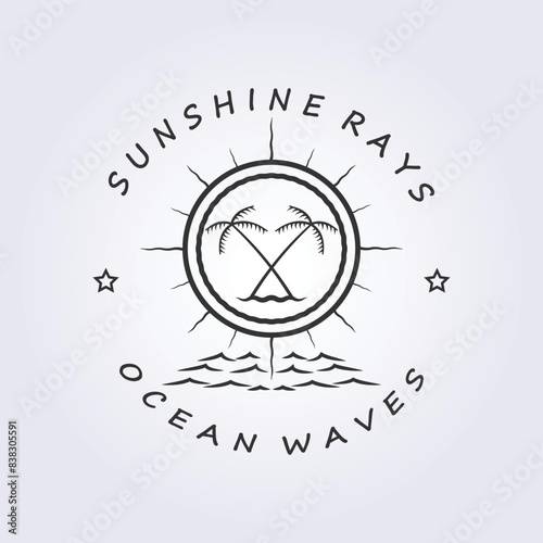 Simple Logo monoline style Sunshine Rays and Ocean Waves vector illustration design