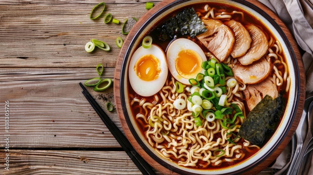 Delicious bowl of ramen with boiled eggs, sliced pork, green onions, and seaweed, served on a rustic wooden table. Delicious bowl of ramen with boiled eggs, sliced pork, green onions, and seaweed, served on a rustic wooden table.