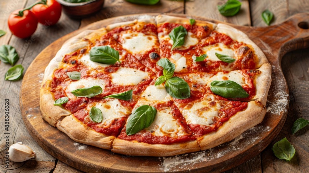 Delicious margherita pizza on a wooden board garnished with fresh basil leaves. Perfect for culinary, food, and Italian cuisine-themed projects. Delicious margherita pizza on a wooden board garnished with fresh basil leaves. Perfect for culinary, food, and Italian cuisine-themed projects.