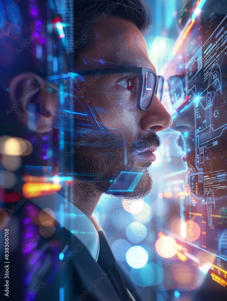 Modern businessman navigating cutting-edge technology with finesse