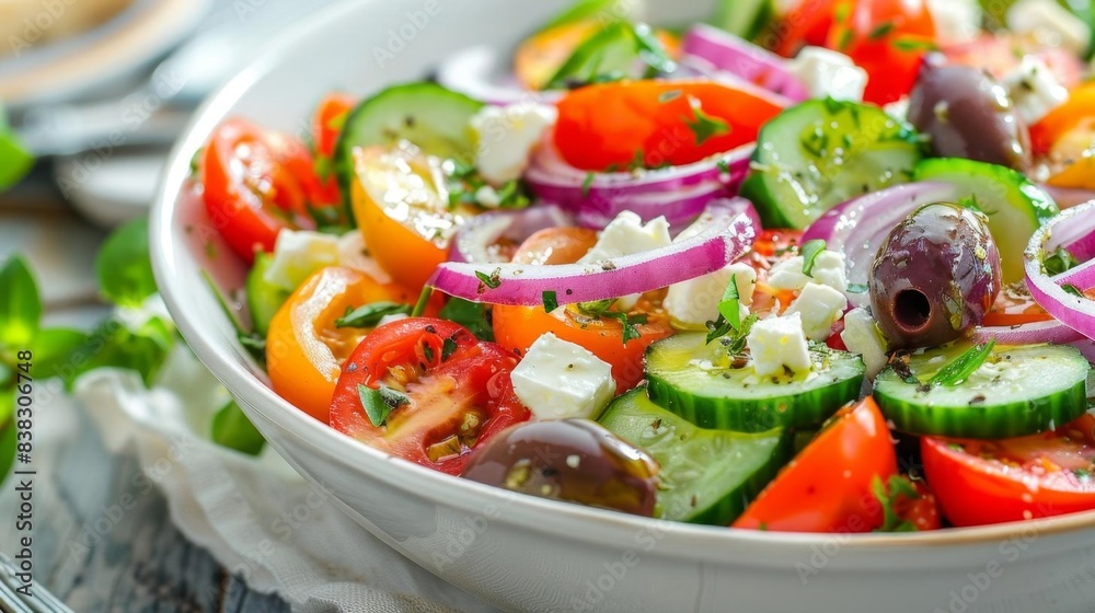 Fresh and colorful Greek salad with cherry tomatoes, cucumbers, red onions, olives, and feta cheese in a white bowl, ready to serve. Fresh and colorful Greek salad with cherry tomatoes, cucumbers, red onions, olives, and feta cheese in a white bowl, ready to serve.