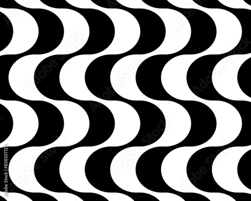 Repeating vertical black and white waves in Portuguese pavement style. Copacabana sidewalk mosaic pattern. Famous beach promenade in Rio de Janeiro. Brasilian symbol. Vector graphic illustration.