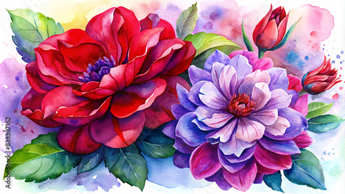 Red and purple flowers watercolor