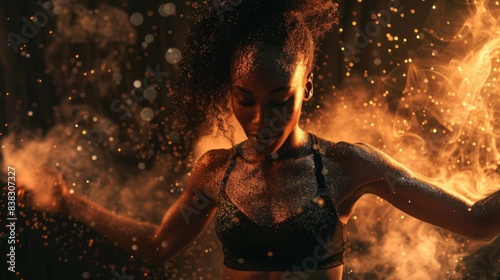 young woman dancing with particles and smoke around her