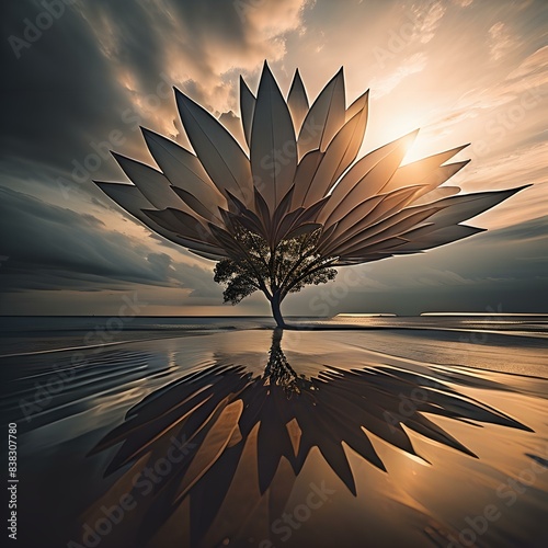 Tree and lotus in the water at sunset. generative ai photo