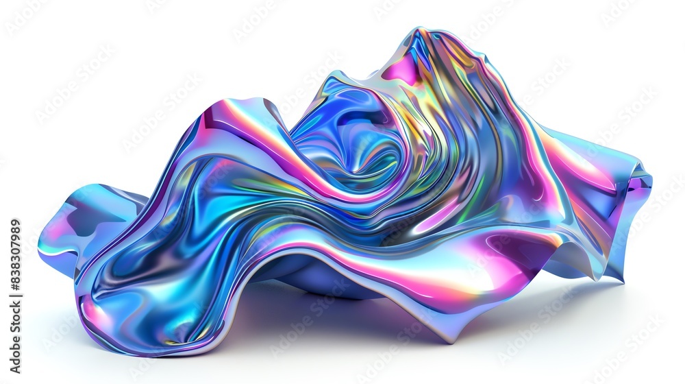 Abstract iridescent 3D sculpture with metallic colors and fluid design on white background, featuring vibrant hues and dynamic forms.