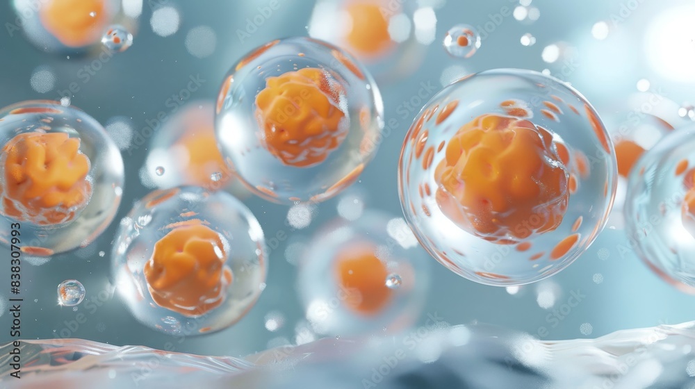 3D illustration of a group of stem cells floating in a nutrient-rich fluid. 3D illustration of a group of stem cells floating in a nutrient-rich fluid.
