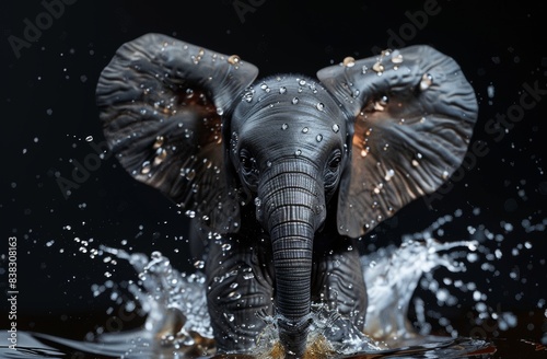 A wet baby elephant vigorously shakes herself as she stares at the camera and splashes water all over it. © Maxim Borbut