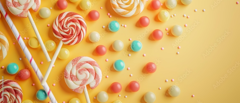 Colorful Lollipops and Candy on Vibrant Yellow Background Creating Sweet Delightful Atmosphere. Perfect for playful backgrounds, vibrant marketing materials, and festive designs. Colorful Lollipops and Candy on Vibrant Yellow Background Creating Sweet Delightful Atmosphere. Perfect for playful backgrounds, vibrant marketing materials, and festive designs.