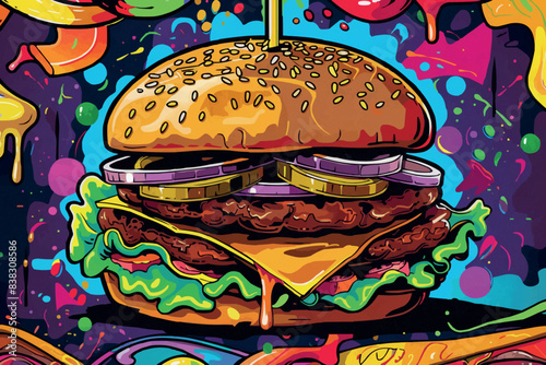 Hot burger vintage colorful poster with juicy cheeseburger and cheese with tomatoes and pickled cucumbers made on fire vector illustration