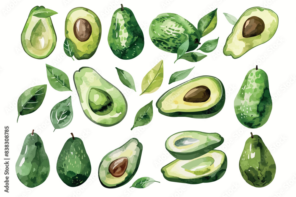 Illustration of a set of hand-drawn avocados, part of an Autumn collection, featuring flat style elements isolated on a white background, Illustration of a set of hand-drawn avocados, part of an Autumn collection, featuring flat style elements isolated on a white background,