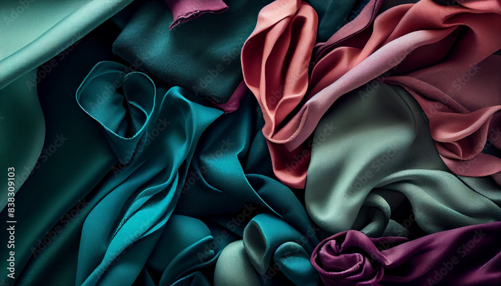 Fototapeta premium Abstract set of fabrics, colourful textile samples, different types of linen, cotton, silk composition. Generative AI