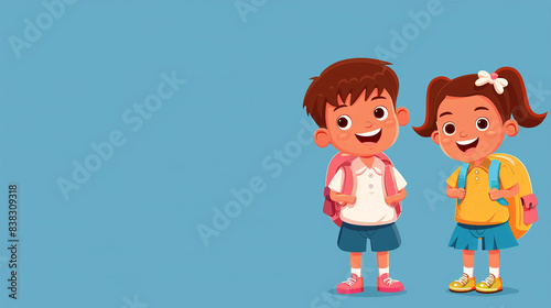 Two cute smiling school girl and boy with backpack ready to school on a blue background. Education, school concept. Copy space. Banner design. © Tanya