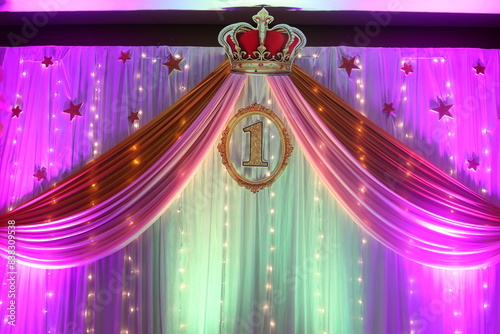 first birthday stage decoration in pink theme