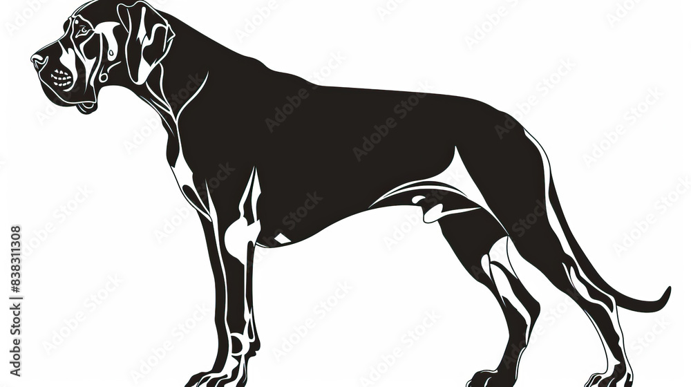 Obraz premium Simple, clear, artisanal stencil print style illustration of Great Dane dog isolated on white background. Stencilled graphic design, modern, minimalist, trendy, product, black and white