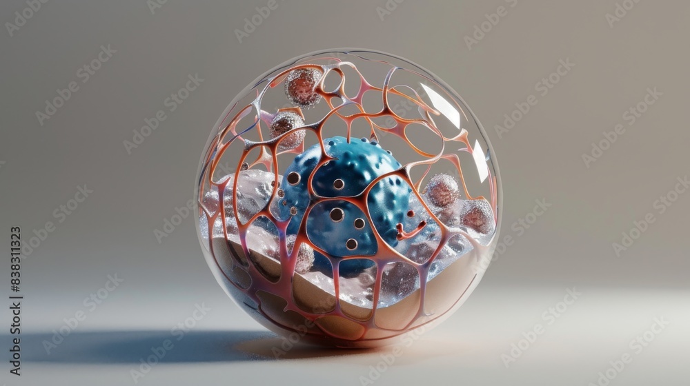 3D illustration of a stylized virus or bacteria in a glass sphere. 3D illustration of a stylized virus or bacteria in a glass sphere.