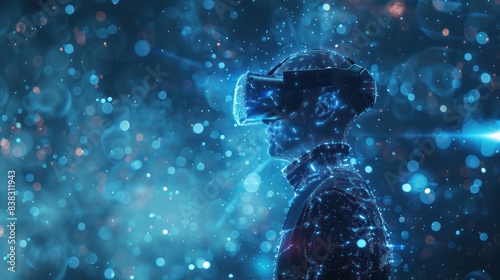Man using virtual reality headset immersed in a digital world. Futuristic technology concept with glowing particles and blue tones. photo