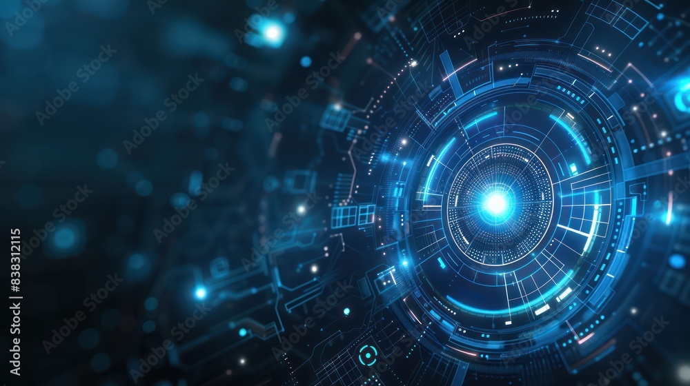 Futuristic digital technology interface background with blue glowing circles and lines, representing innovation and advanced data processing. Futuristic digital technology interface background with blue glowing circles and lines, representing innovation and advanced data processing.