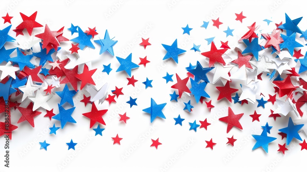 Colorful stars in red, white, and blue with copy space, festive design, isolated on white background, photorealistic, dynamic, blend mode, minimalistic Colorful stars in red, white, and blue with copy space, festive design, isolated on white background, photorealistic, dynamic, blend mode, minimalistic