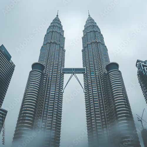 petronas twin towers are under cloudy sky. vertical photo isolated on white background, minimalism, png photo