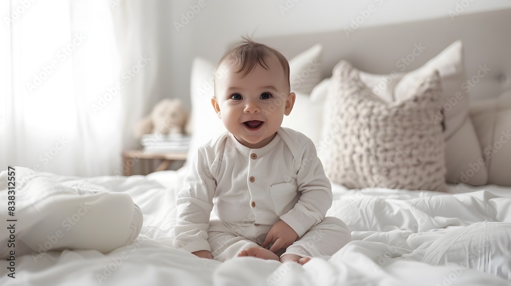Cheerful Infant Basking in Cozy Bedroom Ambiance Cheerful Infant Basking in Cozy Bedroom Ambiance