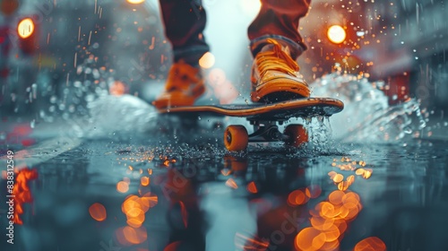 The dynamic movement of a skateboarder performing a trick on a wet street during sunset, emphasizing energy and youth culture.