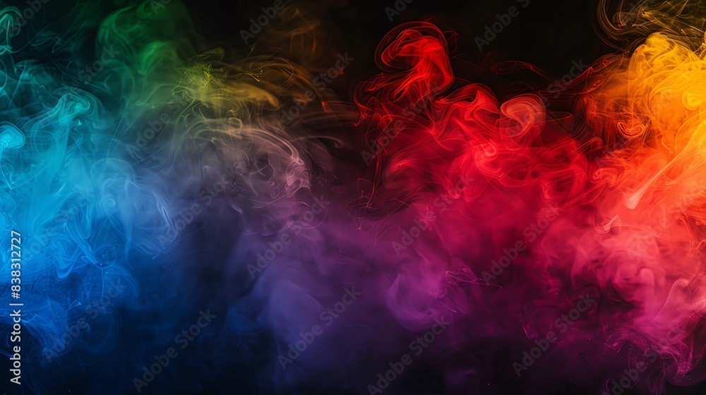 Fototapeta premium Heavy Fog Rainbow smoke, negative space, isolated on black background, advertising photoshoot, pride month LGBTQIA theme