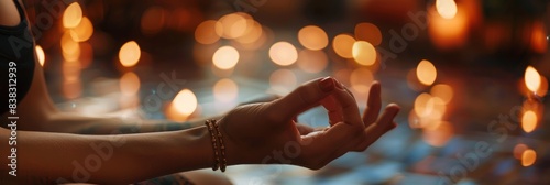 A close-up image of a womans hands in a yoga mudra position, with a soft focus background of flickering candlelight