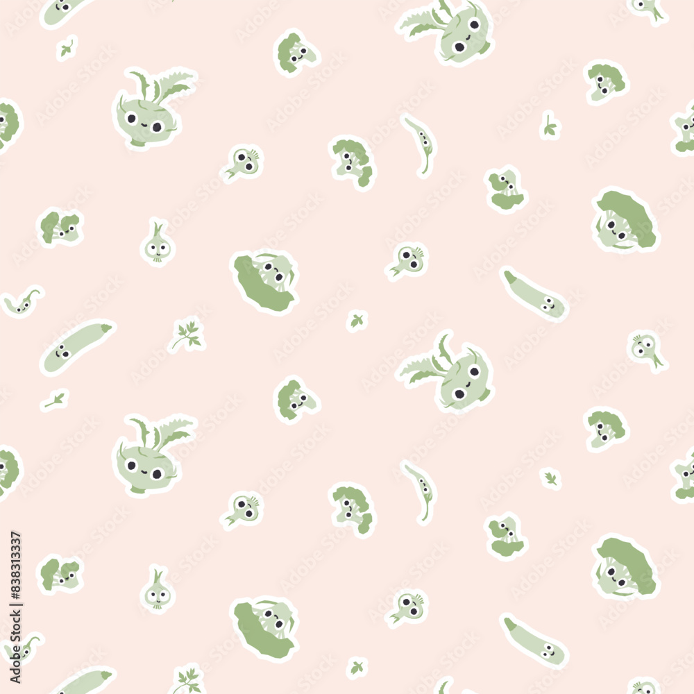 Cute green vegetables seamless pattern. Vector cartoon childich background with smiling vege characters. Broccoli, kohlrabi, zucchini, green leaves on a pastel background. Cute green vegetables seamless pattern. Vector cartoon childich background with smiling vege characters. Broccoli, kohlrabi, zucchini, green leaves on a pastel background.