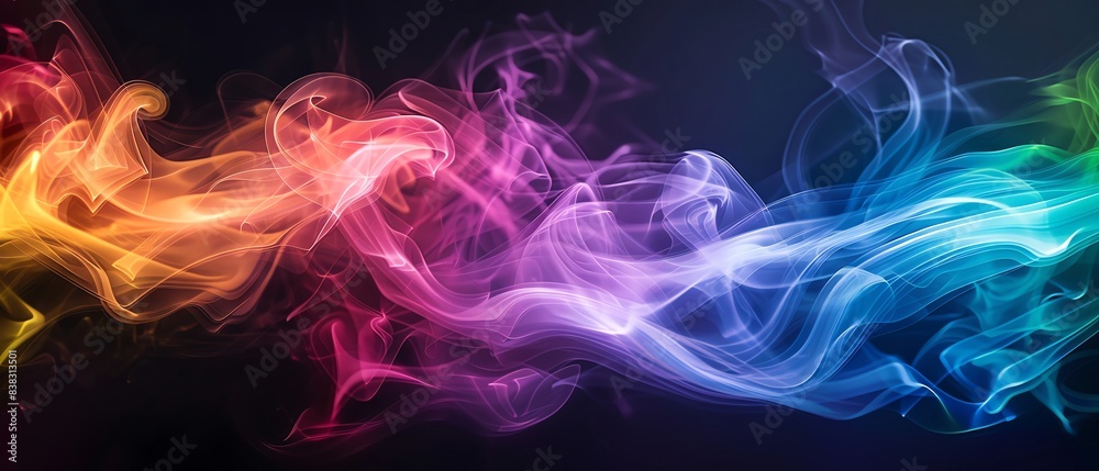 Fototapeta premium Energy Waves Rainbow smoke, negative space, isolated on black background, advertising photoshoot, pride month LGBTQIA theme