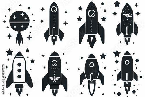 Silhouette space rocket start up launch science star exploration innovation design icons isolated white set vector illustration