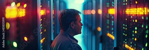 A technician inspects a server rack in a data center. The room is dimly lit, with the server lights providing the only illumination photo